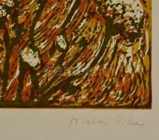 Somlai Vilma (1938-2007): Virágos domb, színes linó, papír, jelzett, 30×35 cm