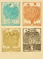 Somlai Vilma (1938-2007): Évszakok 1982 (Madarak és fák), színes linó, papír, jelzett, 23×18,5 cm