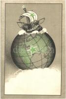 Esperanto art postcard with globe. Ader & Borel G.m.b.H Esperanto-Verlag (wet damage)