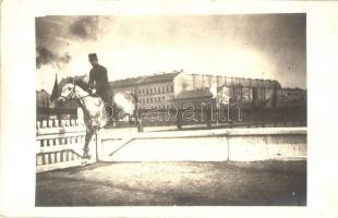 1914 Budapest VIII. Ludovika Akadémia, a levél írója akadályt ugrik a Batár nevű lovon / WWI K.u.k. Hungarian military, soldier (who wrote the letter) jumping on horse. photo