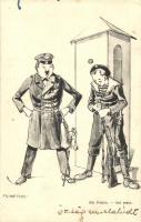 1917 Am Posten / Sul posto / K.u.K. Kriegsmarine mariner humour art postcard. G. Fano 5863. + S.M.S Kaiser Karl VI K.u.K. Marinefeldpostamt s: Ed. Dworak