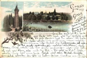 1896 (Vorläufer!) Graz, Hilmteich, Hilmwarte / lake, look out tower. Louis Glaser floral, litho
