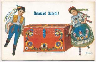 Ózd, népviseletes leporellólap / Hungarian folklore leporellocard s: Bernáth