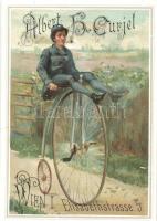 Vienna, Wien; Elisabethstrasse 5., Albert H. Curjel bicycle advertisement postcard, penny-farthing. litho (r)