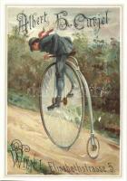 Vienna, Wien; Elisabethstrasse 5., Albert H. Curjel bicycle advertisement postcard, penny-farthing. litho (r)