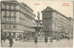 1925 Budapest VIII. Kálvin tér, Gyógyszertár, szökőkút, villamosok, Magyar Lámpaáru Gyár
