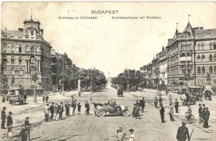 Budapest VI. Andrássy út, Körönd, automobil, Szarvas szappan és Kalodont reklám (EK)