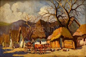 Németh György (1888-1962): Lovasszekér a faluban. Olaj, falemez, jelzett, keretben, 22×35 cm