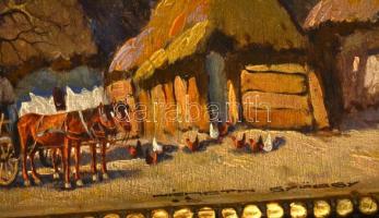 Németh György (1888-1962): Lovasszekér a faluban. Olaj, falemez, jelzett, keretben, 22×35 cm
