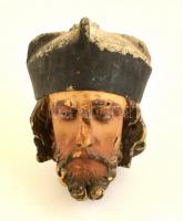 cca 1900 Szent Kristóf erősen sérült faragott fa fej, kézzel festett, d:18 cm, m:21 cm