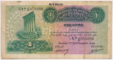 Szíria / Szíria és Libanon Bank 1939. 1L T:III- Syria / Banque de Syrie et du Liban 1939. 1 Livre C:VG  Krause 40
