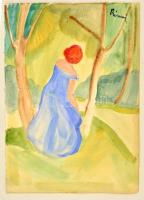 Rónai jelzéssel: Sétáló hölgy. Akvarell, papír, 42×31 cm