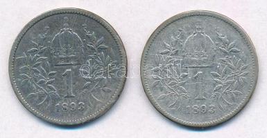 Ausztria 1893. 1K Ag "Ferenc József" (2x) T:3,3- patina Austria 1893. 1 Corona Ag "Fr...