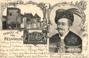 1906 Késmárk, Kezmarok; Thököly vár és Thököly Imre / castle, Emeric Thököly. Floral, Art Nouveau (vágott / cut)