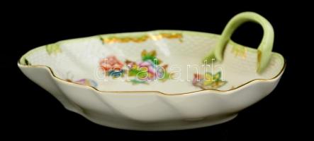 Herendi Viktória mintás leveles tál, kézzel festett, jelzett, kopott aranyozás, 20×17,5 cm