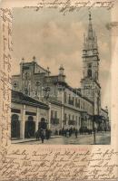 1900 Nyitra, Nitra; utca, templom, Muskath N. üzlete / street, church, shop (szakadás / tear)