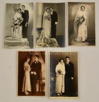 cca 1931-1955 Esküvői emlék, 5 db esküvői fotó, egy részük hátulján feliratozva, 14×9 cm