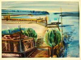 Misch Ádám (1935-1995): Vízparti táj. Akvarell, papír, jelzett, 34×46 cm