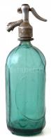 Régi román színes szódásüveg, sárkány fejjel, felirattal, jó állapotban, m:32 cm