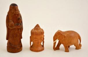 3 db kis szobor: Buddha-fej, elefánt, bölcs, fa, különböző méretben