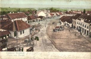 Verbó, Vrbové; tér, üzletek, háttérben a zsinagóga / square, shops, synagogue in the background (Rb)