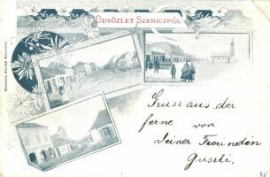 1898 Szenice, Szenicz, Senica; utcaképe, zsinagóga / street view with synagogue. Floral, Art Nouveau (r)