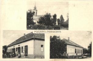 Baka, Prandorf, Devicany; templom, üzlet automobillal, iskola / church, shop with automobile, shool. Foto St. Nappel