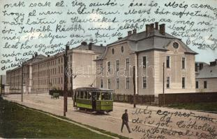 Nagyszeben, Hermannstadt, Sibiu; K. u. K. gyalogsági kadét iskola, villamos, kiadja Karl Graef / K.u.K. Infanteriekadetschule / military school, tram