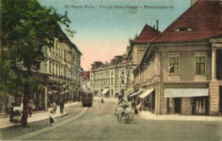 Nagyszeben, Hermannstadt, Sibiu; Mária királyné út, villamos, Julus Wermescher üzlete, Josef Drotleff kiadása / street, tram, shop (EK)