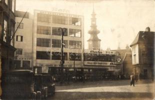 ~1920 Pozsony, Pressburg, Bratislava; utcakép, Bata cipő áruház, háttérben templom / street view wtih Bata shoe shop and automobiles, church in the background. photo