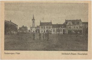 Szászrégen, Reghin; Főtér, templom / main square, church Szászrégen visszarét So. Stpl.