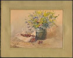 Gebhardt Lajosné (1866-?): Asztali csendélet. Akvarell, papír, paszpartuban, 14×19 cm