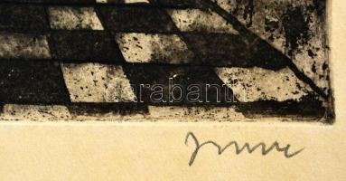 Imre István (1918-1983): Balatoni terasz. Rézkarc, papír, jelzett, 29,5×38,5 cm