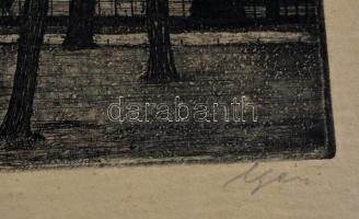 Nyári Lóránt (1928-1982): Park. Rézkarc, papír, jelzett, üvegezett fa keretben, 19,5×29 cm