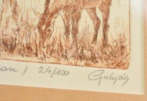 Gulyás László (1960-): Lovak. Rézkarc (24/100), papír, üvegezett keretben, jelzett, 8×9,5 cm