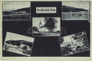 Ruzsolyhuta, Kruzlovská Huta (Bártfa, Bardejov); templom, utca autóval, üveggyár. Josef Melovsky kiadása / church, street view with automobile, glass factory (EK)