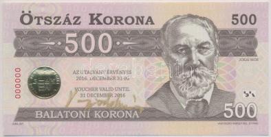 2012. 500K Balatoni Korona helyi pénz, 000000 sorszámmal, csak előlapi nyomat, hátoldalán MINTA felülbélygzés. A tervező, Vagyóczky Károly aláírásával T:I