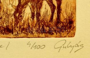 Gulyás László (1960-): Lovak. Rézkarc (4/100), papír, üvegezett fa keretben, jelzett, 7×9 cm