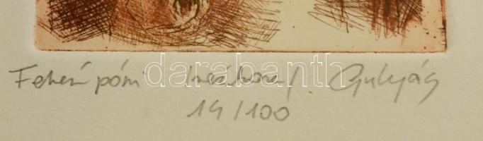 Gulyás László (1960-): Fehér póni. Rézkarc (14/100), papír, üvegezett fa keretben, jelzett, 11x7 cm