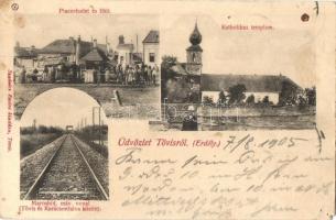 1905 Tövis, Teius; Piac részlet és főút, árusok, dohány üzlet, Római katolikus templom, Maros folyó hídja (MÁV vasútvonal Tövis és Karácsonfalva között). Szabolcs Endre kiadása / market vendors, tobacco shop, main street, Catholic church, Mures railway bridge between Teius and Craciunel. Art Nouveau (apró lyukak / tiny holes)