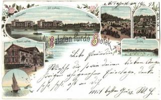 1897 (Vorläufer!) Siófok, Balaton fürdő, Hullám és Sió szálloda, étterem, sétány, fürdőzők, Központi szálloda. Schwidernoch Károly Art Nouveau, floral, litho (vágott / cut)