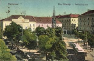 Temesvár, Timisoara; Piata Libertatii, tramvai / Szabadság tér, villamos, üzletek / Liberty Square, tram, shops (EK)