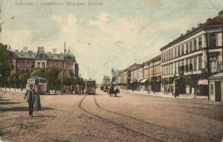 Temesvár, Timisoara; Józsefváros. Bérpalota, Küttl tér, villamos, üzletek / Iosefin, tramvai / mansion house, square, tram, shops (kopott sarkak / worn corners)