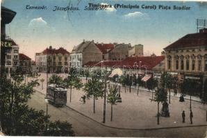 Temesvár, Timisoara; Józsefváros. Scudier tér, üzletek, villamos / Iosefin, Piata Scudier, tramvai / square, shops, tram (EK)