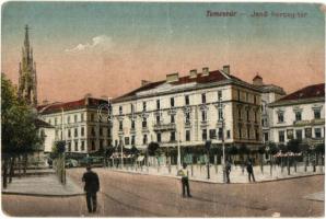 Temesvár, Timisoara; Jenő herceg tér, Hungária Biztosító rt. fiókja, villamos, üzlet. Polatsek kiadása / square, insurance company, tram, shop + 1921 Societatea Sportive Timisoara Elisabetin / Temesvár-Erzsébetváros Sport Egylet pecsétje (fa)