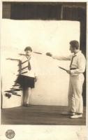 1929 Cirkuszi mutatványos, késdobáló artista / Circus juggler, knife throwing. Fessler Fotos photo (EK)