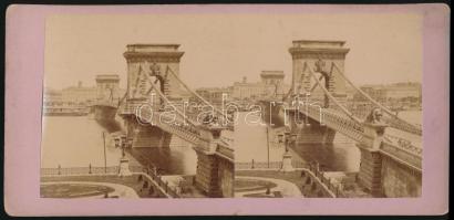 cca 1900 Budapest, Lánchíd, sztereokép, Calderoni és Társa, hátoldalán pecséttel jelzett, 9x18 cm