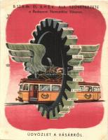 1948 Budapesti Nemzetközi Vásár, B.Sz.K.Rt. és B.H.É.V. Alk. szövetkezete reklámlap, villamos / Hungarian international fairs advertisement, tram, artist signed (EK)