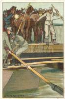 Fröhliche Weihnachten! Glückliches Neujahr! / K.u.K. Officers, cavalry, pioneer unit, pontoon, military art postcard s: Ludwig Koch