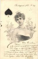 1902 Playing card symbol, lady, artist signed